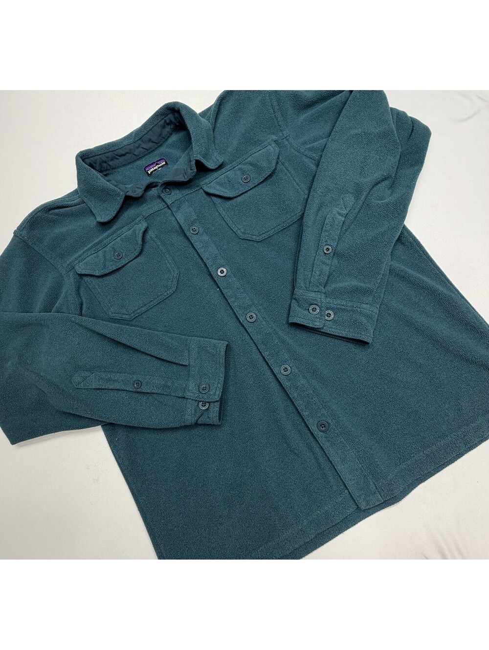 Patagonia Teal Fleece Button Up Mens Large Hiking Chest Pockets *see description